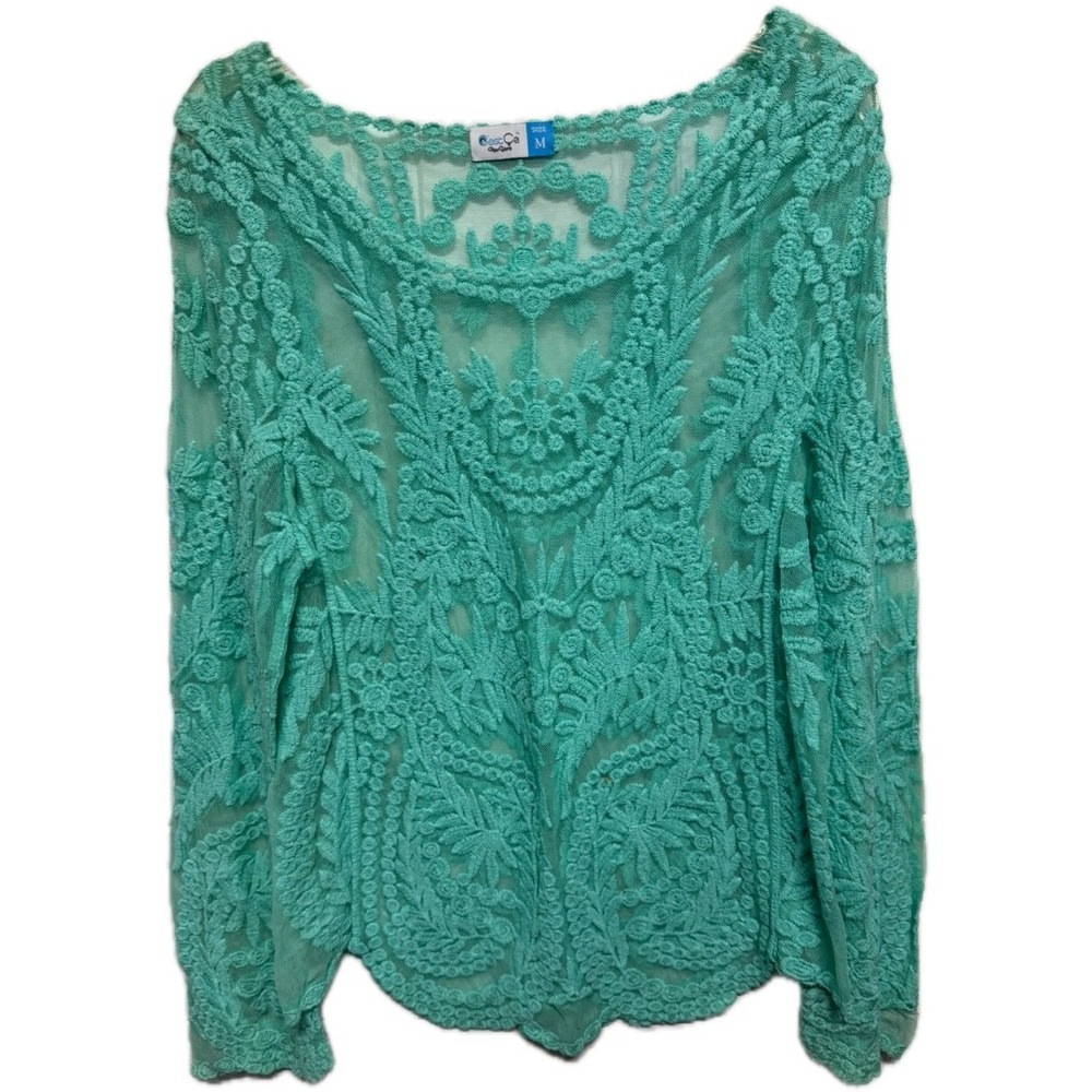 Vintage Mint Lace Sheer Layering Long Sleeve Floral Size Medium Beach Coastal